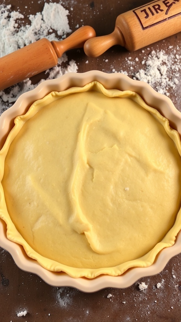 A perfectly baked single pie crust in a dish, showcasing a flaky texture and golden edges.